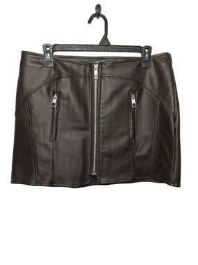 Wild Fable Brown Faux Leather Mini Skirt With Front Zipper & Pockets M
